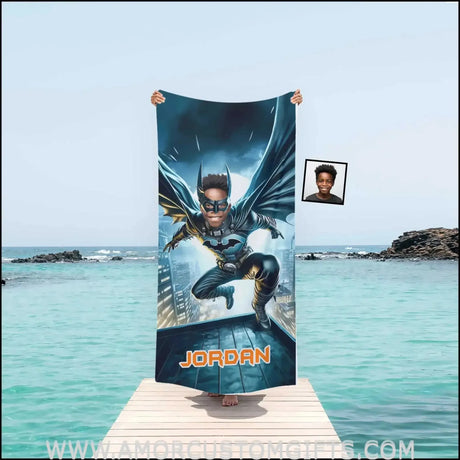 Towels Personalized Bat Boy Superhero Flying Through Skyscrapper Photo Beach Towel | Customized Name & Face Boy Towel