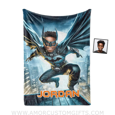 Blankets Personalized Bat Boy Superhero Flying Through Skyscrapper Photo Blanket | Custom Name & Face Boy Blanket
