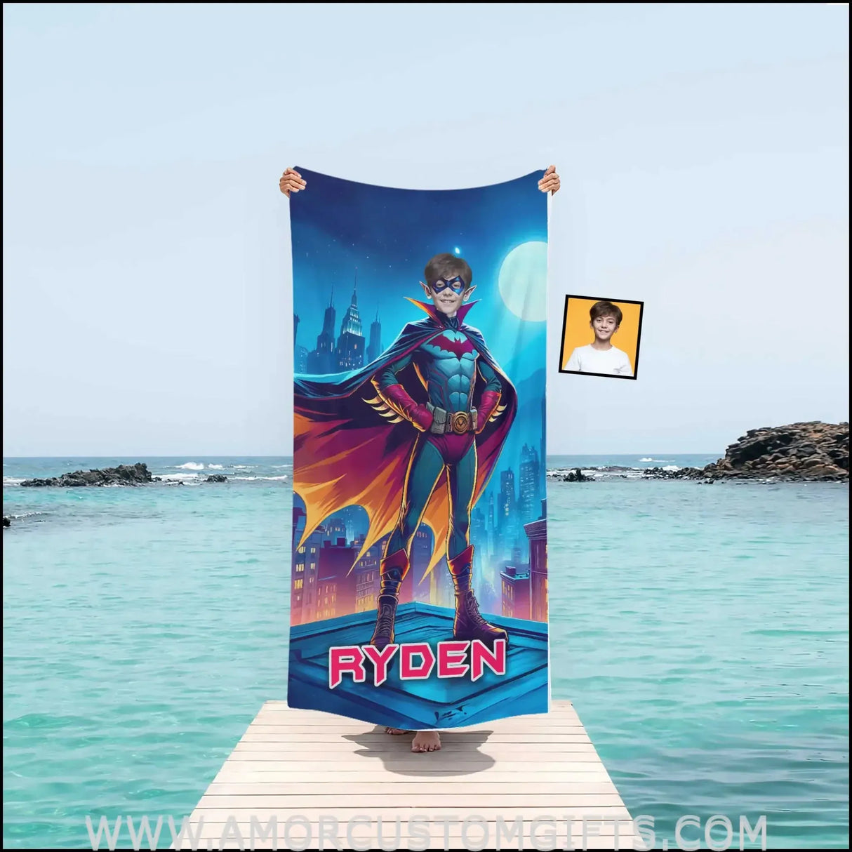 Towels Personalized Bat Boy Superhero Standing On Rooftop Photo Beach Towel | Customized Name & Face Boy Towel