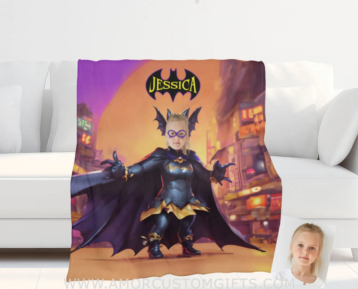 Blankets Personalized Bat Girl 3 Blanket | Custom Face & Name Superhero Girl Blanket