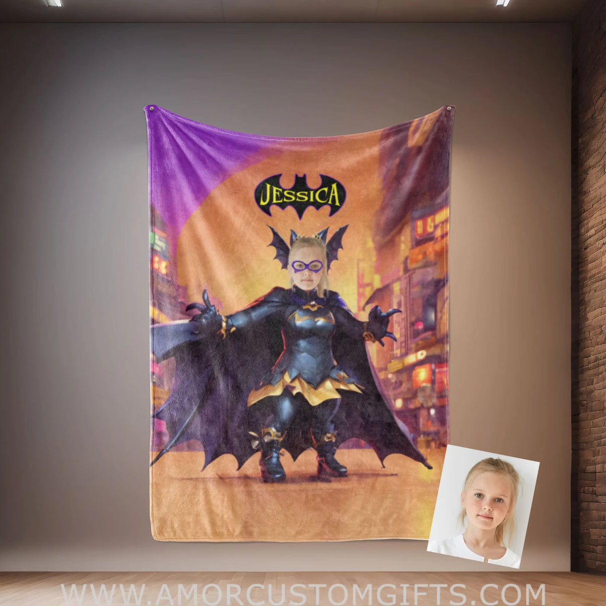 Blankets Personalized Bat Girl 3 Blanket | Custom Face & Name Superhero Girl Blanket