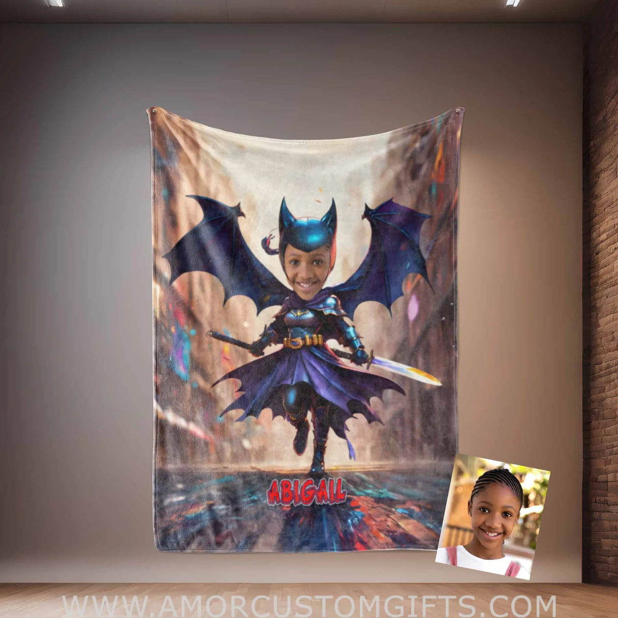 Blankets Personalized Bat Girl 4 Blanket | Custom Face & Name Superhero Girl Blanket