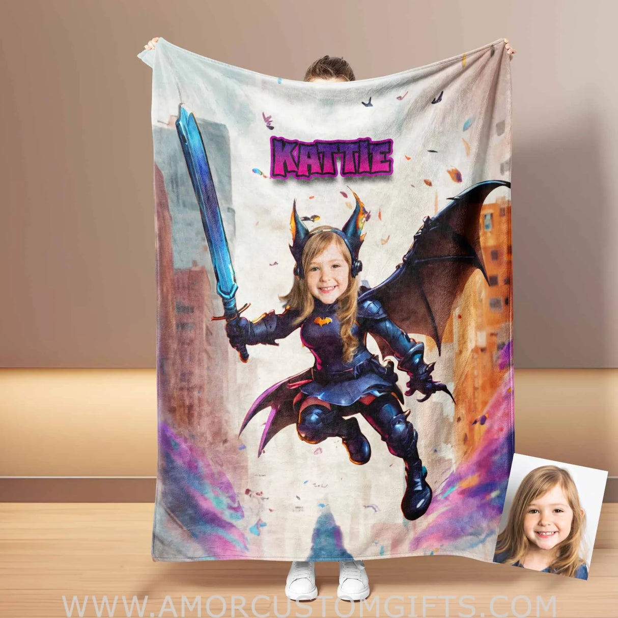 Blankets Personalized Bat Girl 5 Blanket | Custom Face & Name Superhero Girl Blanket