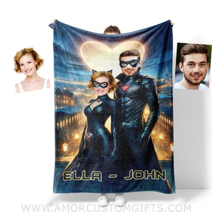 Blankets Personalized Bat Guy & Cat Lady Couple 1 Blanket | Custom Face & Name Couple Blanket