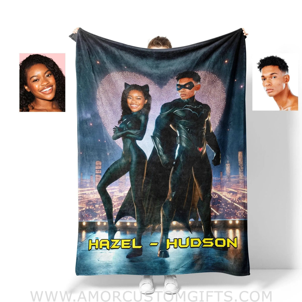 Blankets Personalized Bat Guy & Cat Lady Couple Blanket | Custom Face & Name Couple Blanke