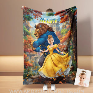 Blankets Personalized Belle 3 Photo Blanket | Custom Name & Face Girl Princess Blanket