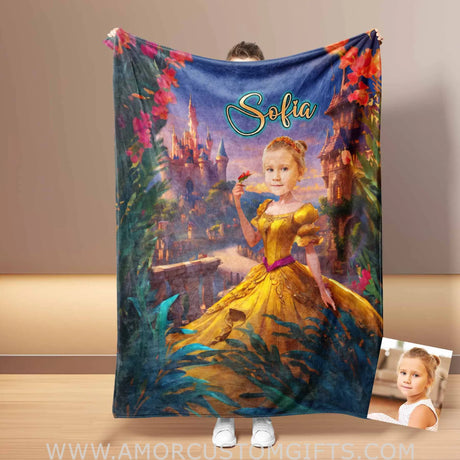 Blankets Personalized Belle 9 Photo Blanket | Custom Name & Face Girl Princess Blanket