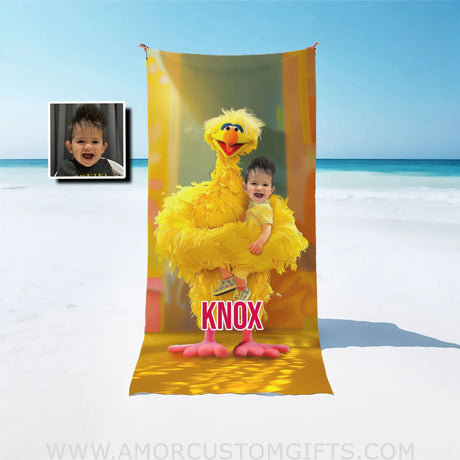 Personalized Big Bird Sesame Boy Photo Beach Towel Towels