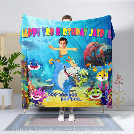 Blankets Personalized Birthday Shark Birthday Blanket | Custom Face & Name Boy Blanket