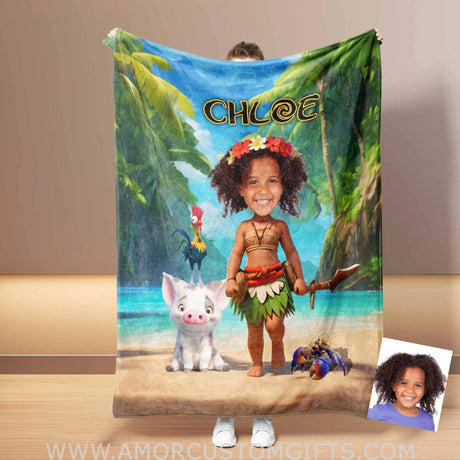 Blankets Personalized Black Moana Princess 2 Photo Blanket | Custom Name & Face Girl Princess Blanket