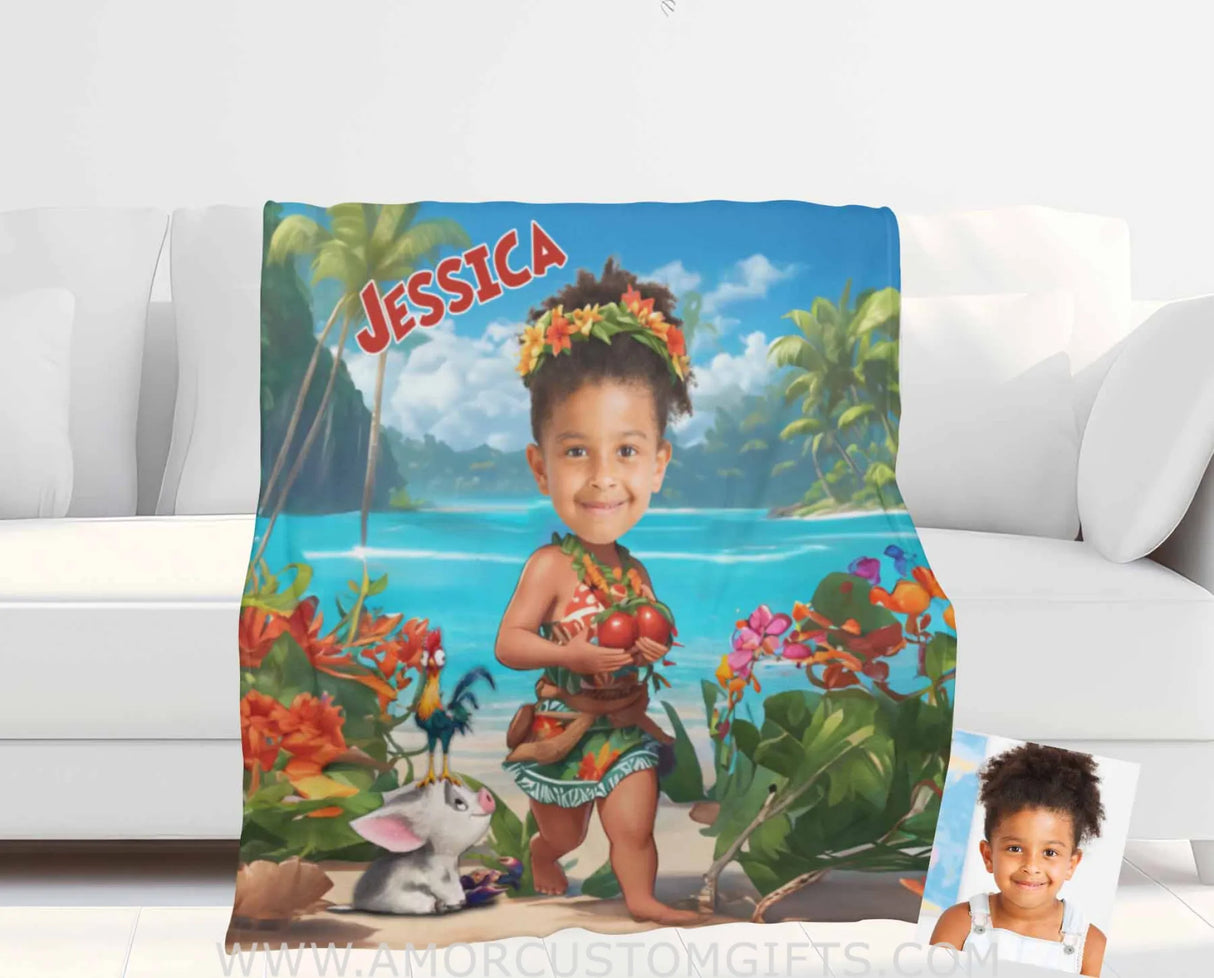 Blankets Personalized Black Moana Princess 5 Photo Blanket | Custom Name & Face Girl Princess Blanket