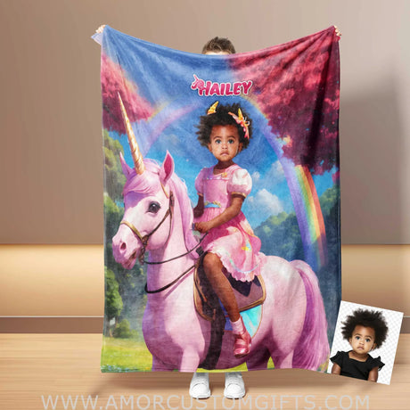 Blankets Personalized Black Unicorn Girl 4 Colorful Sunset Photo Blanket | Custom Name & Face Girl Princess Blanket