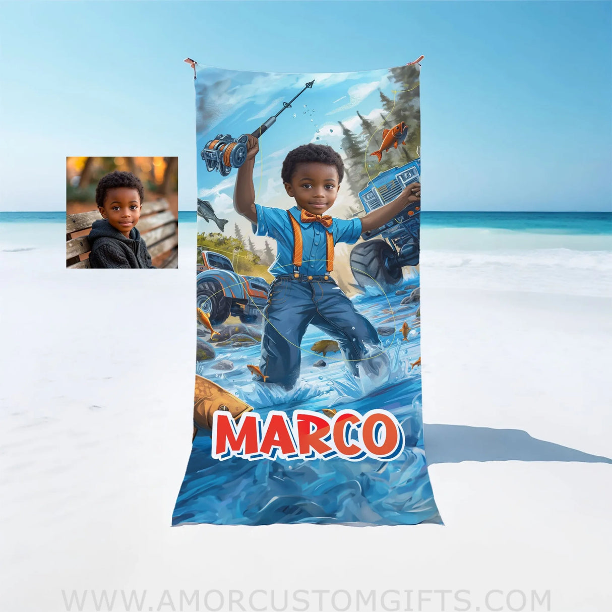 Towels Personalized Blippii Monster Truck Boy Fishing Boy Photo Beach Towel