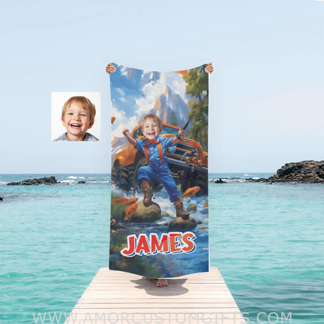 Towels Personalized Blippii Monster Truck Boy Fishing Boy Photo Beach Towel