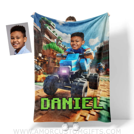 Blankets Personalized Blue Minecraft Boy Riding Kart Blanket | Custom Face & Name Boy Blanket