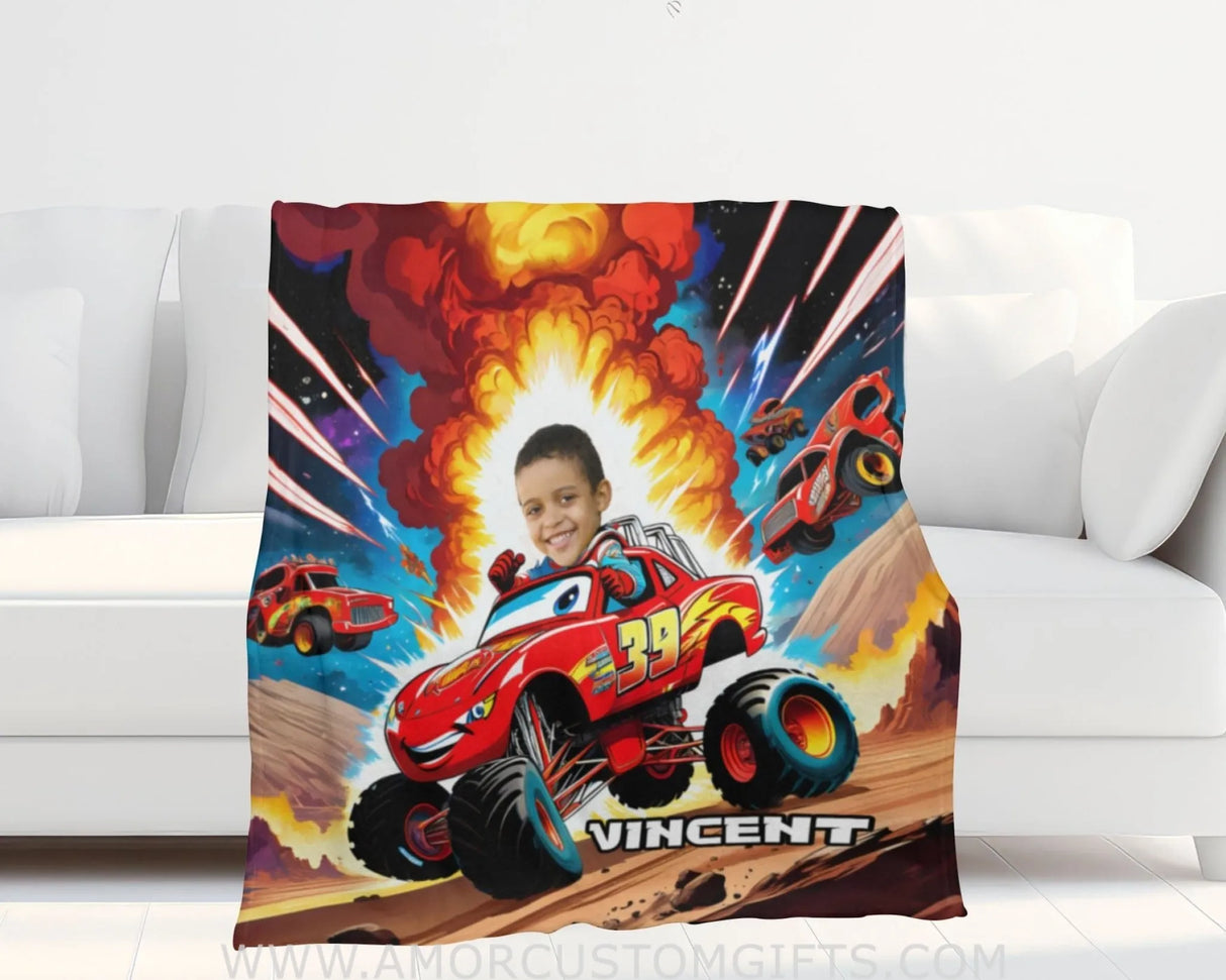 Blankets Personalized Car Racing 4 Blanket | Custom Face & Name Vehicle Blanket For Boys
