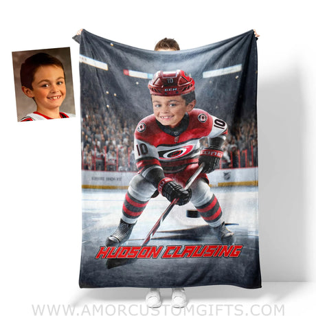 Blankets Personalized Carolina Hockey Player Hurricanes Photo Blanket | Custom Name & Face Boy Blanket