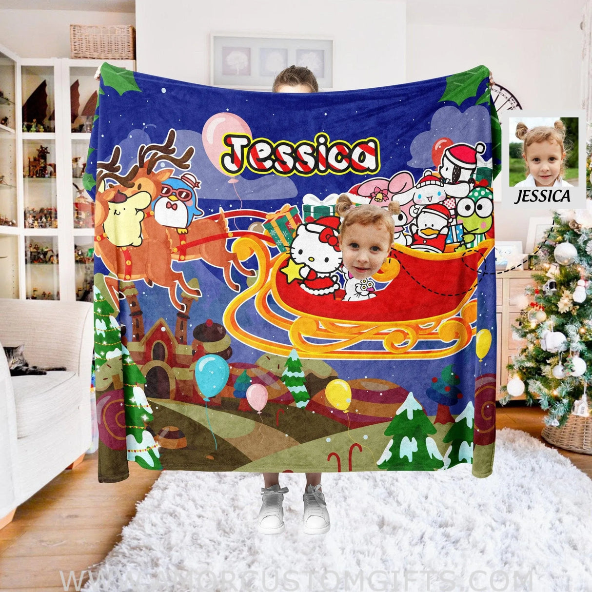 Blankets Personalized Cartoon Kitty Xmas Blanket | Custom Christmas Blanket For Girls