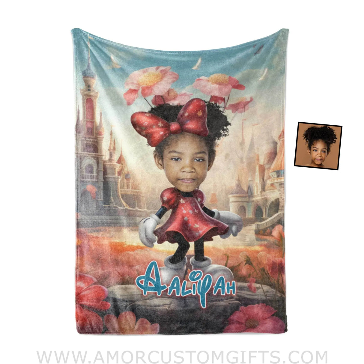 Blankets Personalized Cartoon Mouse Red Dress Castle Blanket | Custom Name & Face Girl Blanket