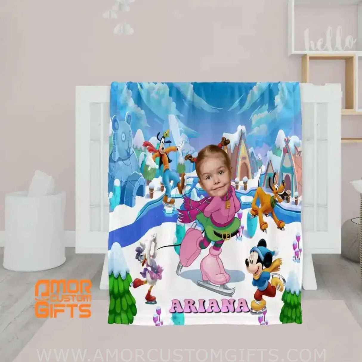 Blankets Personalized Cartoon Mouse Skating Christmas Blanket | Custom Christmas Girl Blanket