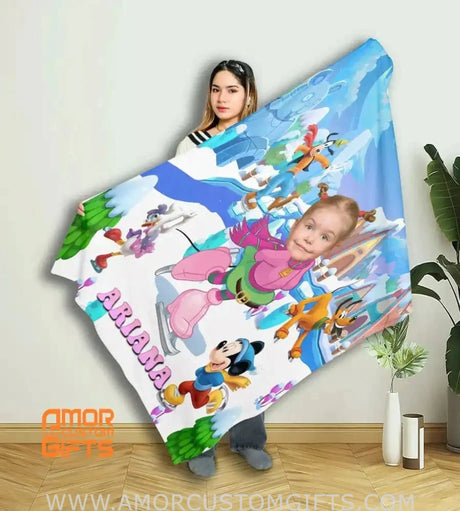 Blankets Personalized Cartoon Mouse Skating Christmas Blanket | Custom Christmas Girl Blanket