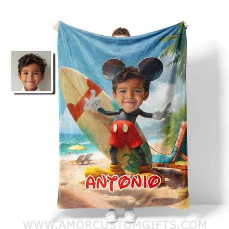 Blankets Personalized Cartoon Mouse Summer Beach Surfing Boy Photo Blanket