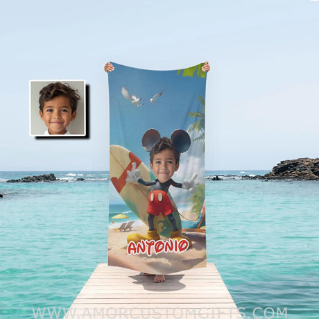 Towels Personalized Cartoon Mouse Summer Beach Surfing Boy Photo Beach Towel