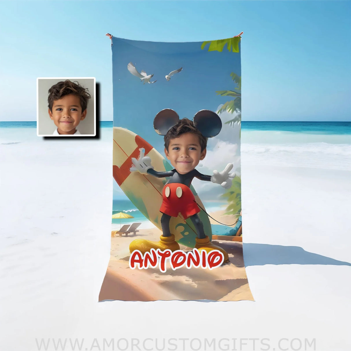 Towels Personalized Cartoon Mouse Summer Beach Surfing Boy Photo Beach Towel