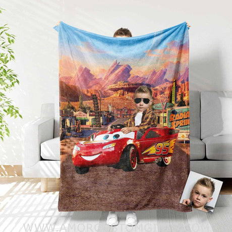Blankets Personalized Cartoon Racing Car Boy Blanket | Custom Face & Name Vehicle Lighting McQueen Cartoon Car Boy Blanket