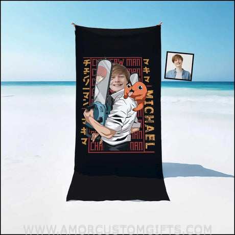 Towels Personalized Chainsaw Man 03 Denji x Pochita Boy Photo Beach Towel | Customized Name & Face Boy Towel