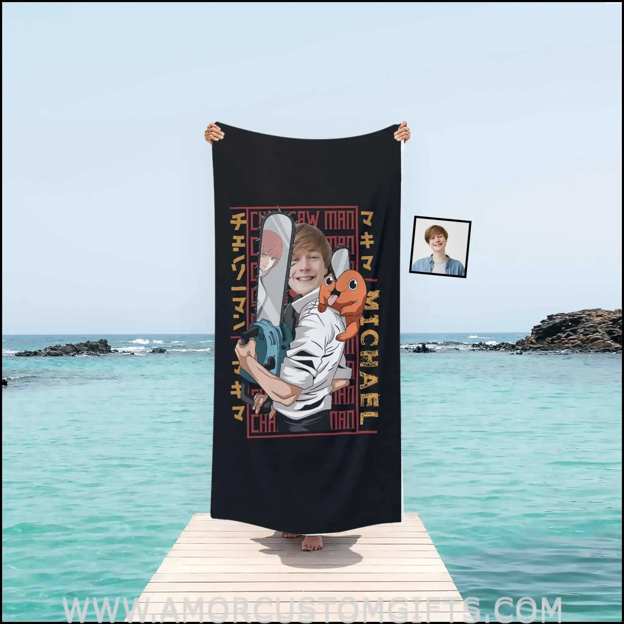Towels Personalized Chainsaw Man 03 Denji x Pochita Boy Photo Beach Towel | Customized Name & Face Boy Towel