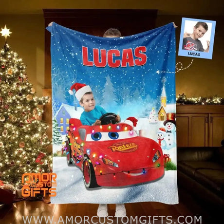 Blankets Personalized Christmas Cartoon Car Blanket | Custom Face & Name Vehicle Boy Photo Blanket