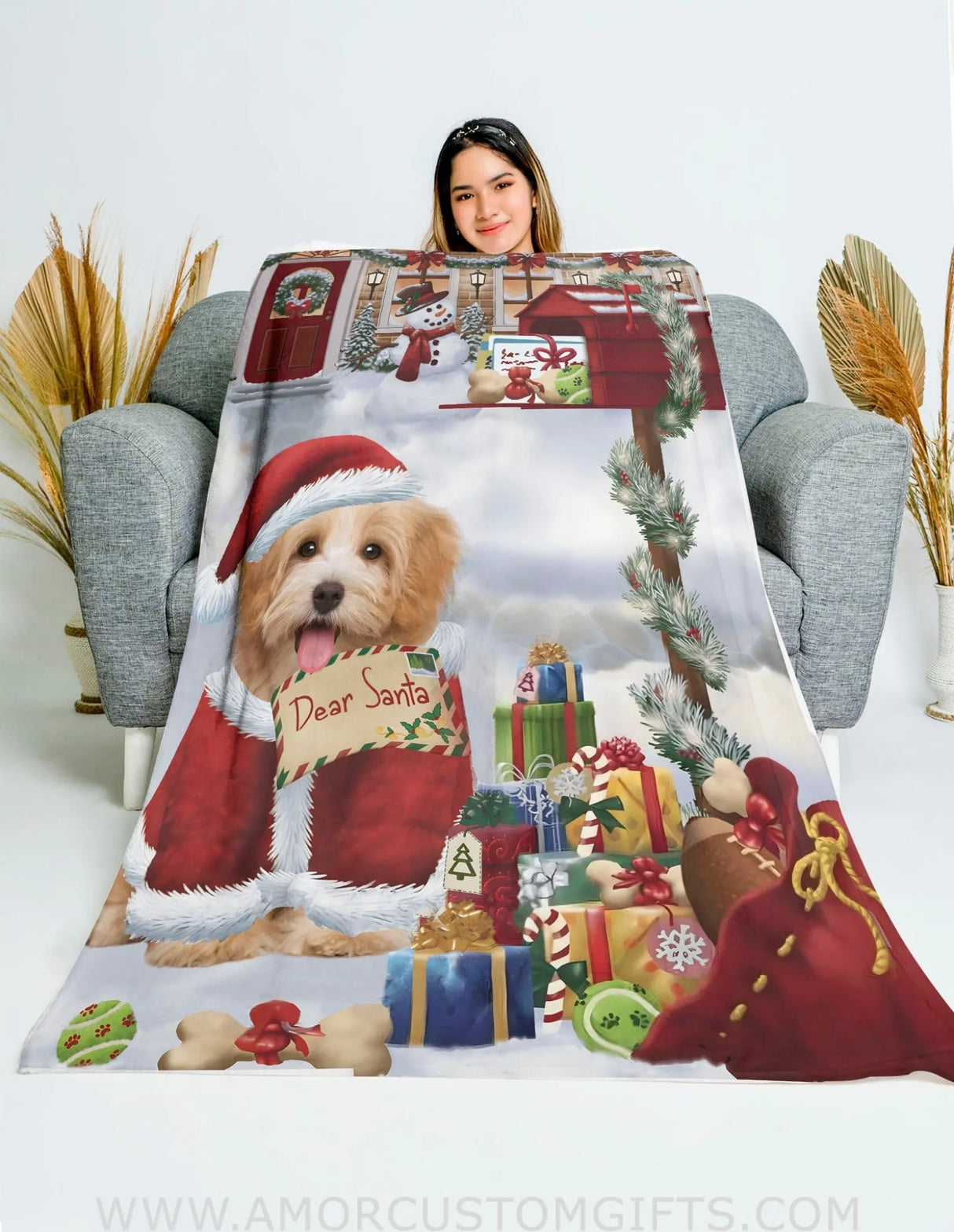 Blankets Personalized Christmas Dog Dear Santa Blanket | Custom Face & Name Pet Christmas Blanket