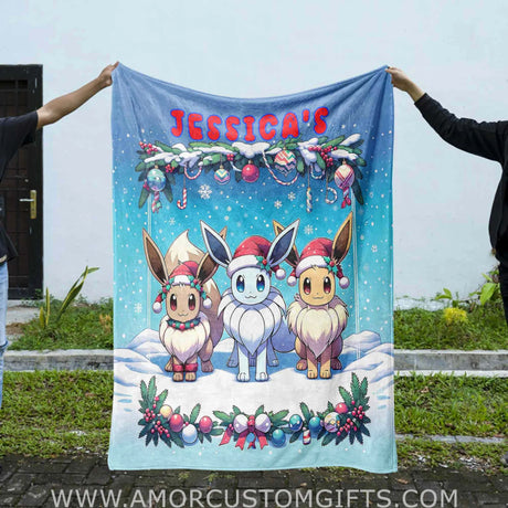 Blankets Personalized Christmas Eevee Blanket | Best Custom Gifts For Game Lovers , Anime Manga Gamer Throw