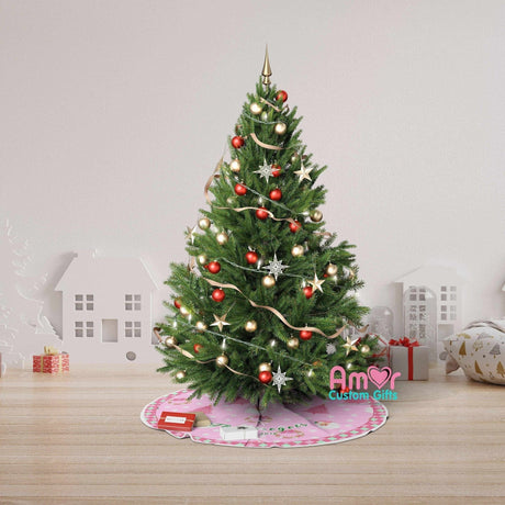Christmas Tree Skirts Personalized Christmas Tree Skirt Retro Pink Santa | Custom Family Name Holidays Vintage Santa Claus Pink Xmas Tree Dress Xmas Home Decor