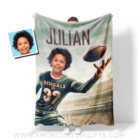 Blankets Personalized Cincinnati Football Boy Bengals Photo Blanket | Custom Name & Face Boy Blanket