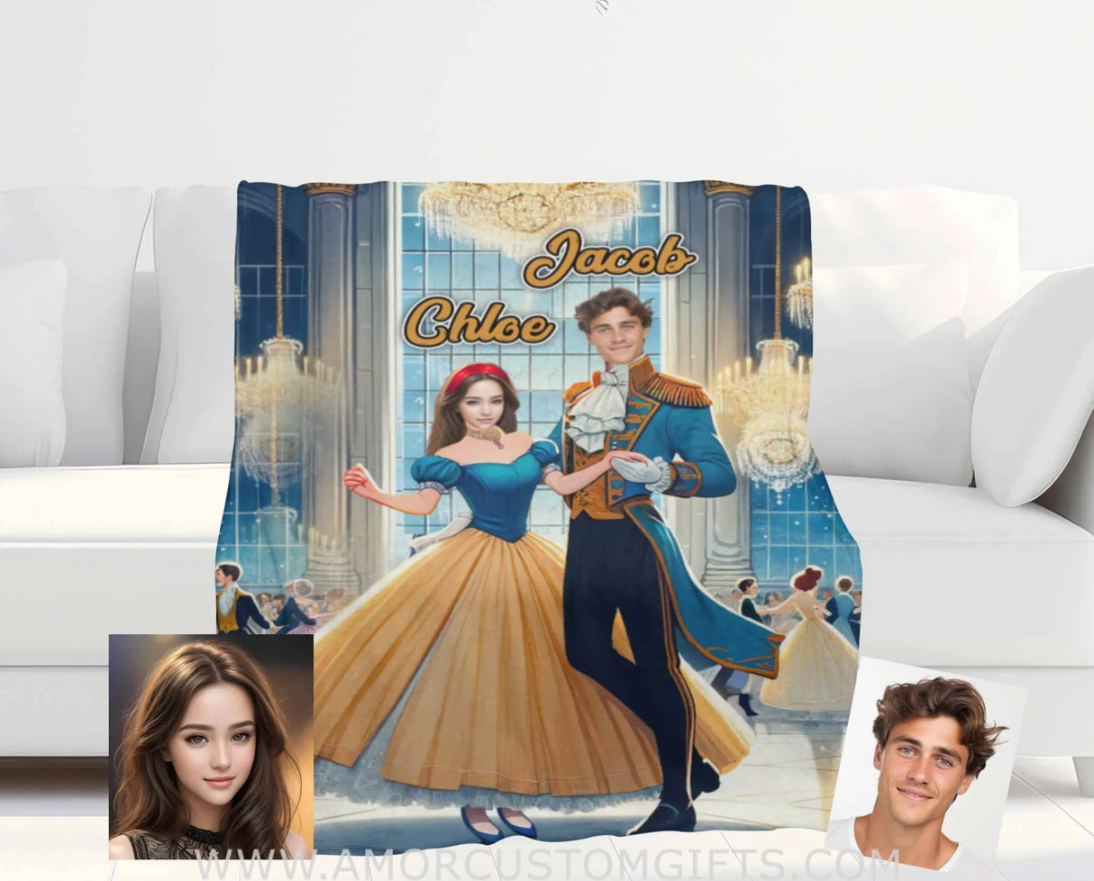 Blankets Personalized Cinderella And Prince Charming Blanket | Custom Face & Name Couple Blanket