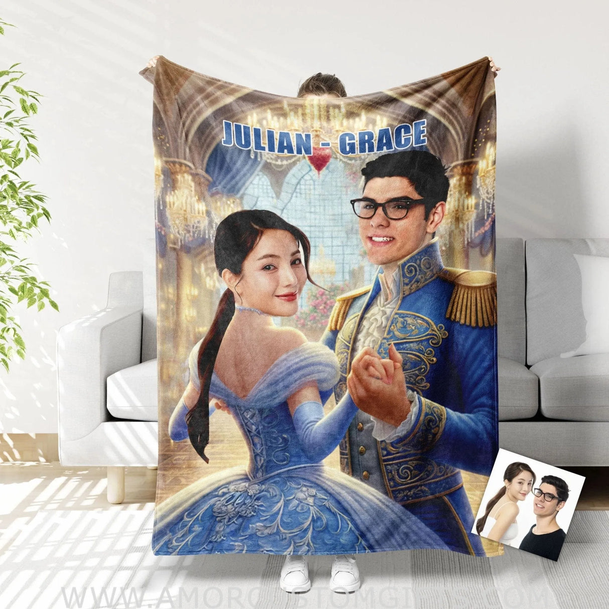 Blankets Personalized Cinderella and Prince Charming Blanket | Custom Face & Name Couple Blanket