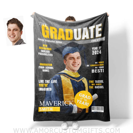 Blankets Personalized Class Of 2024 Magazine Boy Photo Blanket | Custom Name & Face Boy Blanket