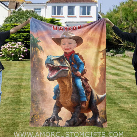 Blankets Personalized Cowboy Dino Blanket | Custom Dinosaur Blanket