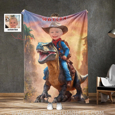 Blankets Personalized Cowboy Dino Blanket | Custom Face & Name Dinosaur Blanket