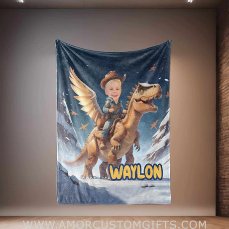 Blankets Personalized Cowboy Dino Fly With Wings Blanket | Custom Blanket For Baby Boys