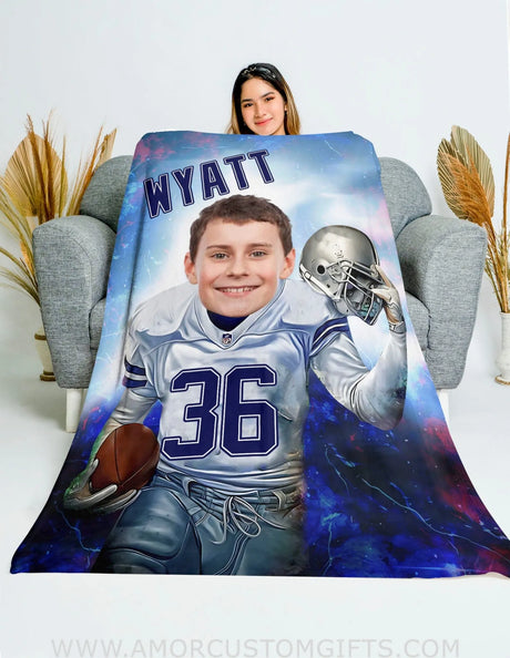 Blankets Personalized Dallas Football Boy Blanket | Custom Face & Name Sport Football Cowboys Blanket