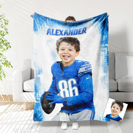 Blankets Personalized Detroit Football Boy Blanket | Custom Face & Name Football Boys Blanket