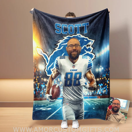 Blankets Personalized Detroit Football Boy Lions Blanket | Custom Face & Name Football Boys Blanket