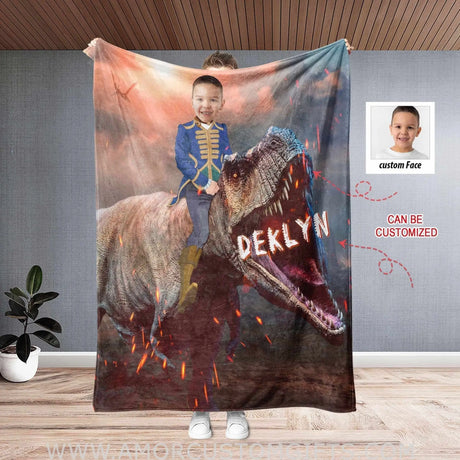 Blankets Personalized Dino Riding Blanket | Custom Face & Name Boy Dino Blanket