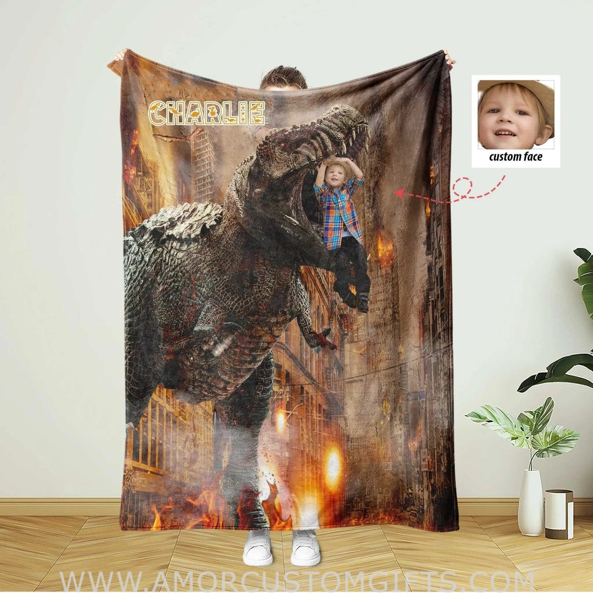 Blankets Personalized Dino Riding In Fire City Blanket | Custom Dino Boy Blanket,  Customized Blanket