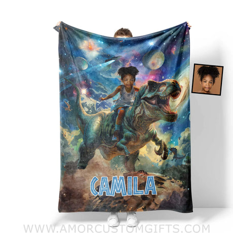 Blankets Personalized Dino Trex Girl Galaxy Blanket | Custom Name & Face Girl Blanket