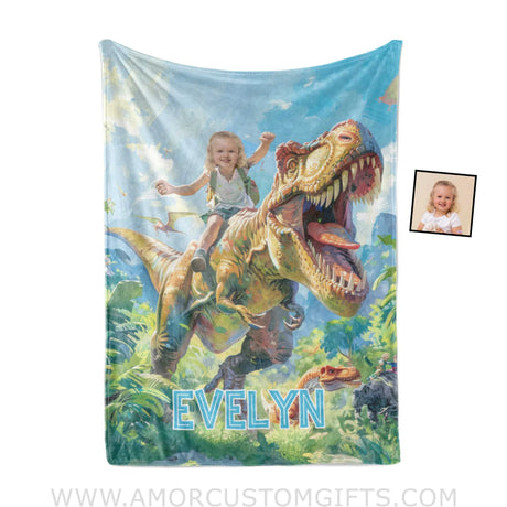 Blankets Personalized Dino Trex Girl In The Forest Blanket | Custom Name & Face Girl Blanket