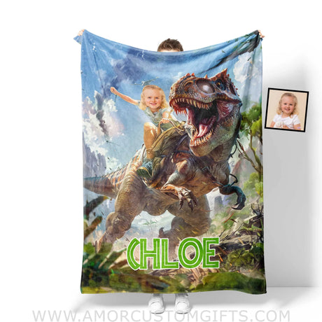 Blankets Personalized Dino Trex Girl In Wild Forest Blanket | Custom Name & Face Girl Blanket
